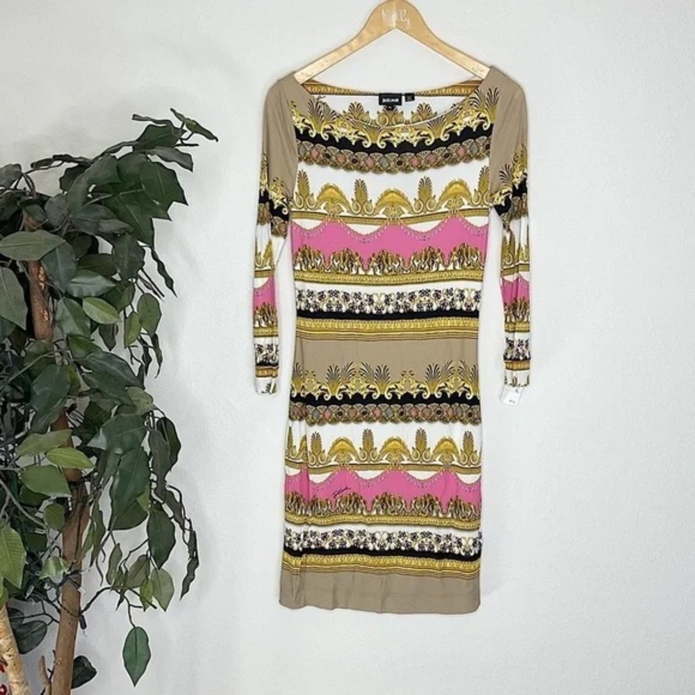 Just Cavalli Pink and Gold Patterned Long Sleeve Dress